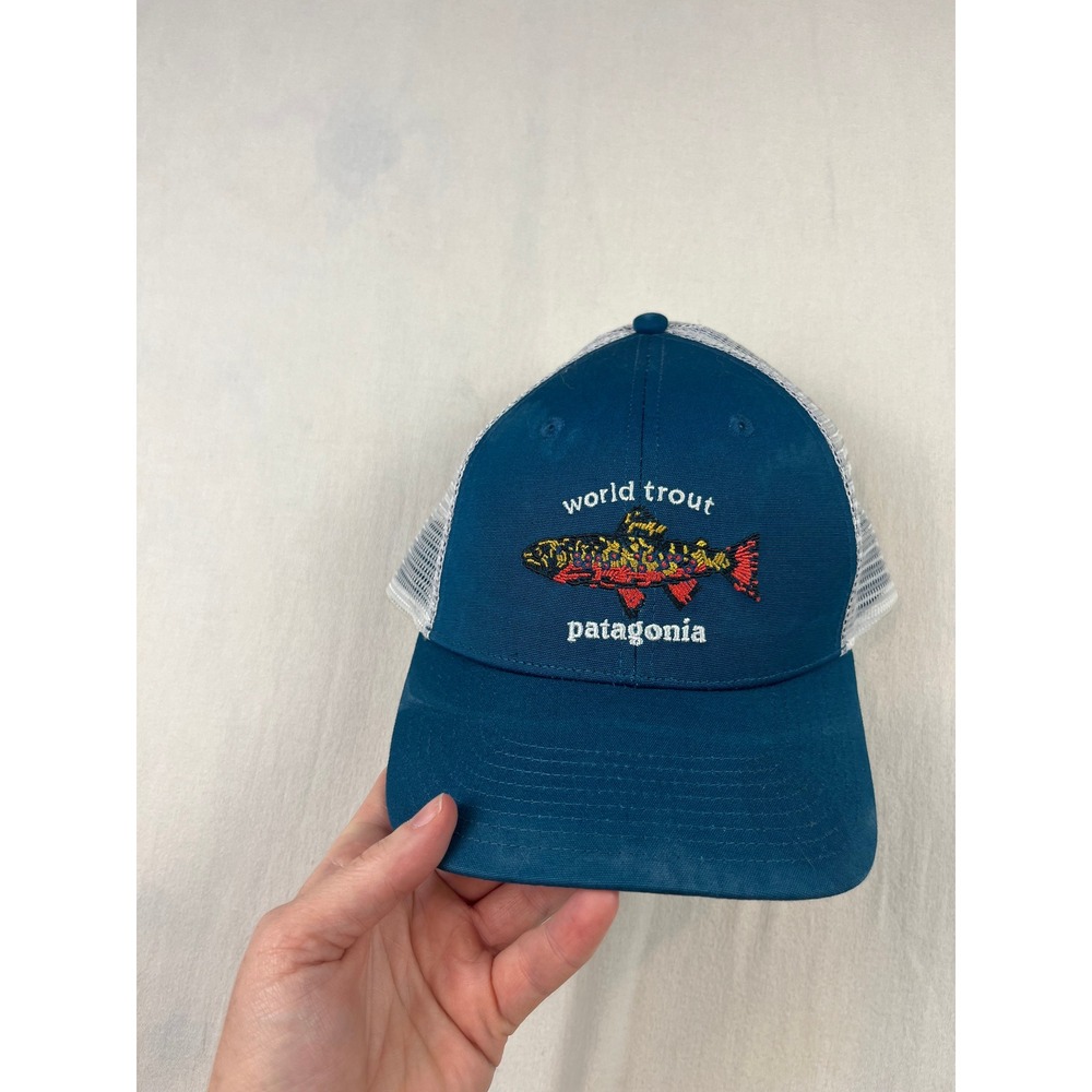 Patagonia World Trout Trucker Hat Blue White Mesh Snapback Fishing Cap